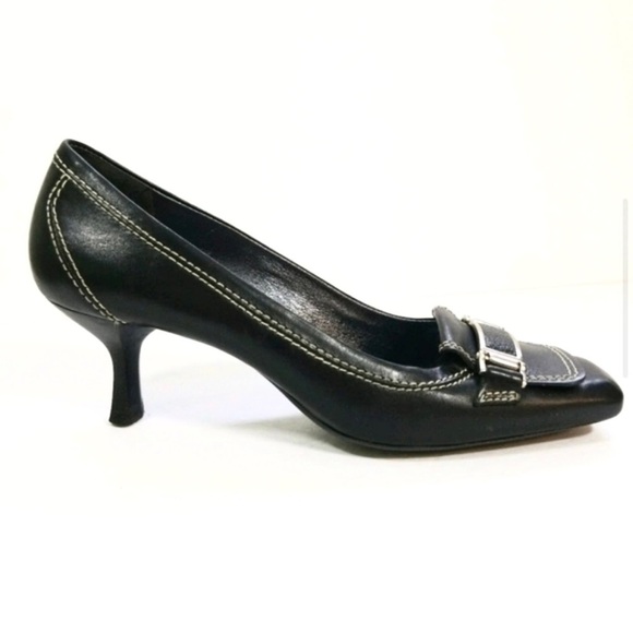 COLE HAAN Black Leather Square Toe Kitten Heels Silver Buckle Pump - Picture 1 of 8